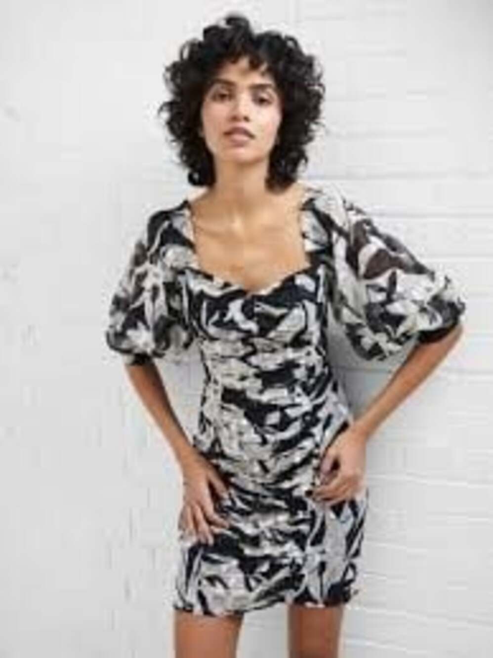 French Connection Blackout Ruched Puff Sleeve Mini Dress Size 8